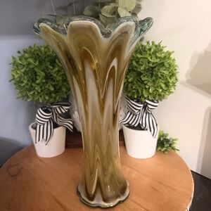Murano Style Blown Art Glass Swing Vase Amber White Scallop Top 18"tall